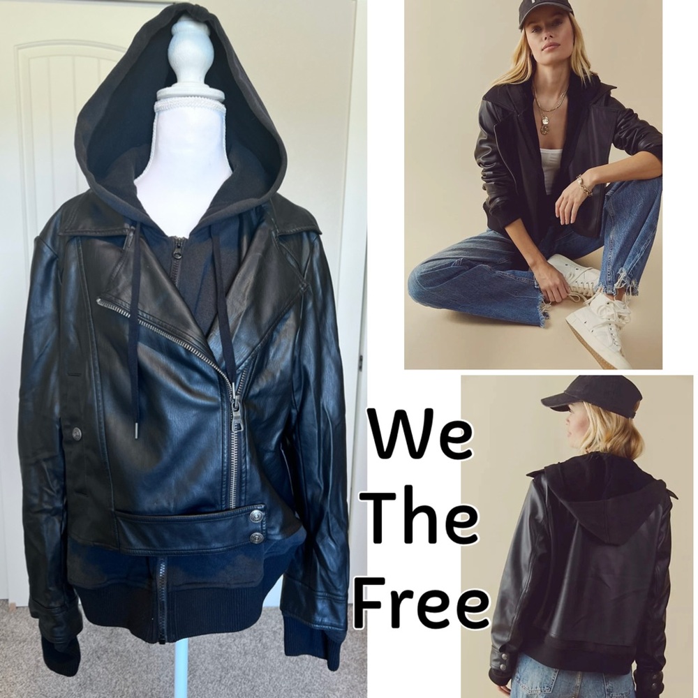 We The Free It Girl Black Hooded Vegan Leather Moto Jacket Sz Medium